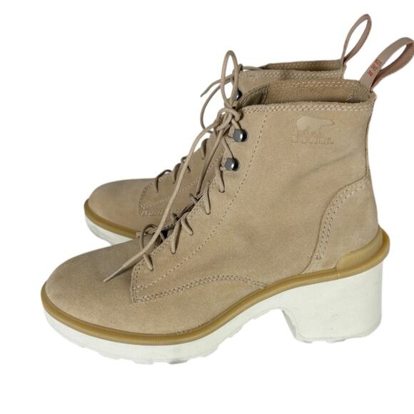 Sorel Hi-Line Ceramic/Chalk Suede Block Heel Lace Up Chunky Boot Size 8.5 - Picture 3 of 8